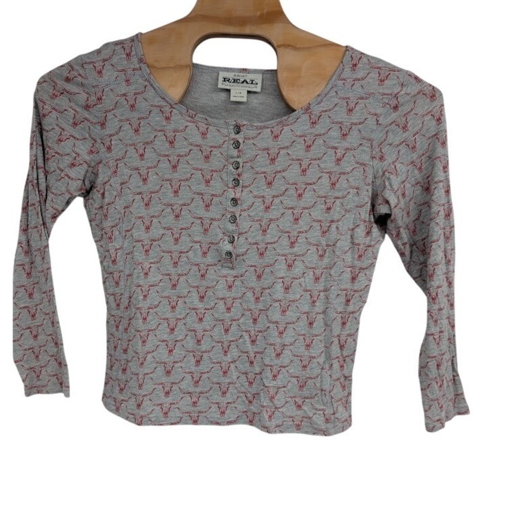 Ariat Women's REAL Henley Shirt Longhorn Cow print Gray and Red long sleeve sz L